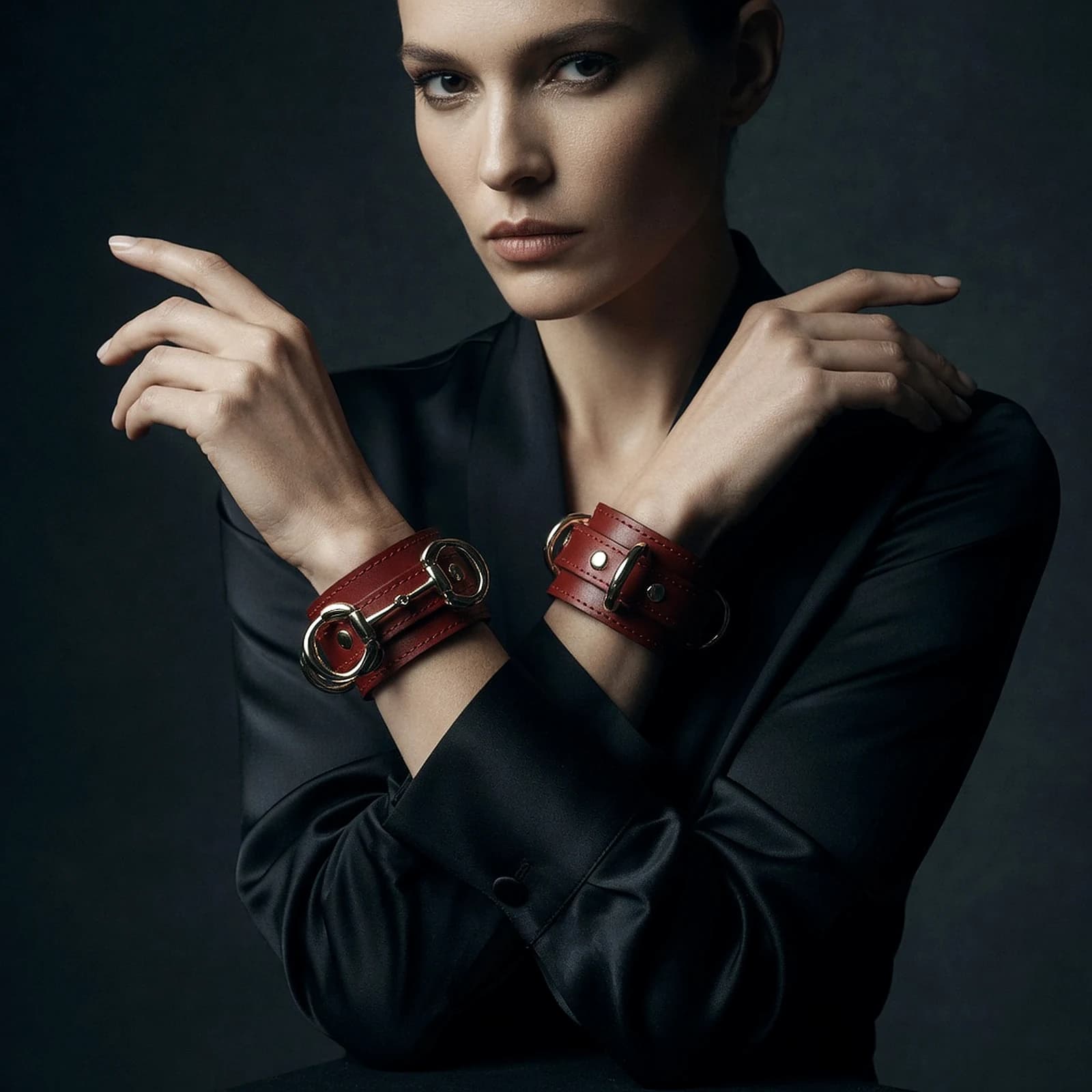 Full-grain black leather cuffs for play, solid brass, hand-finished